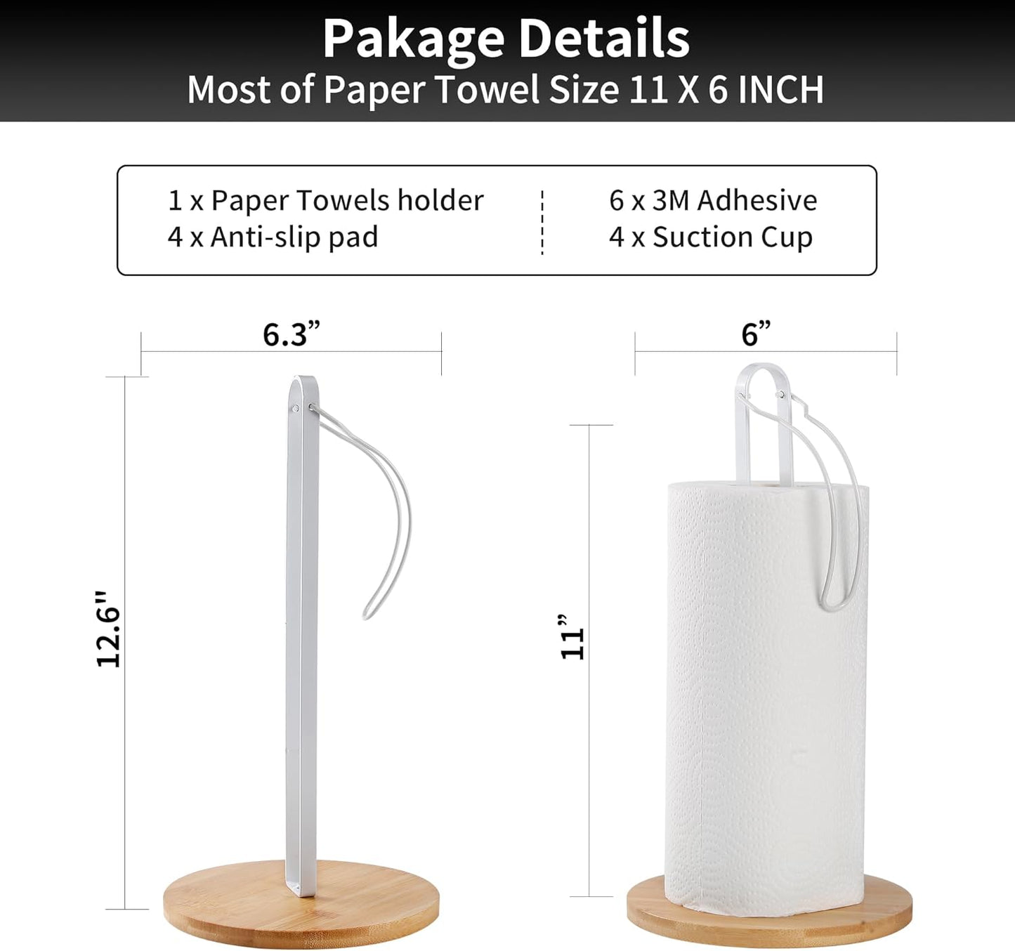 Wood Paper Towel Holder with Fixer, Free-Standing Kitchen Towel Holder with Non-Slip Wooden Base - White