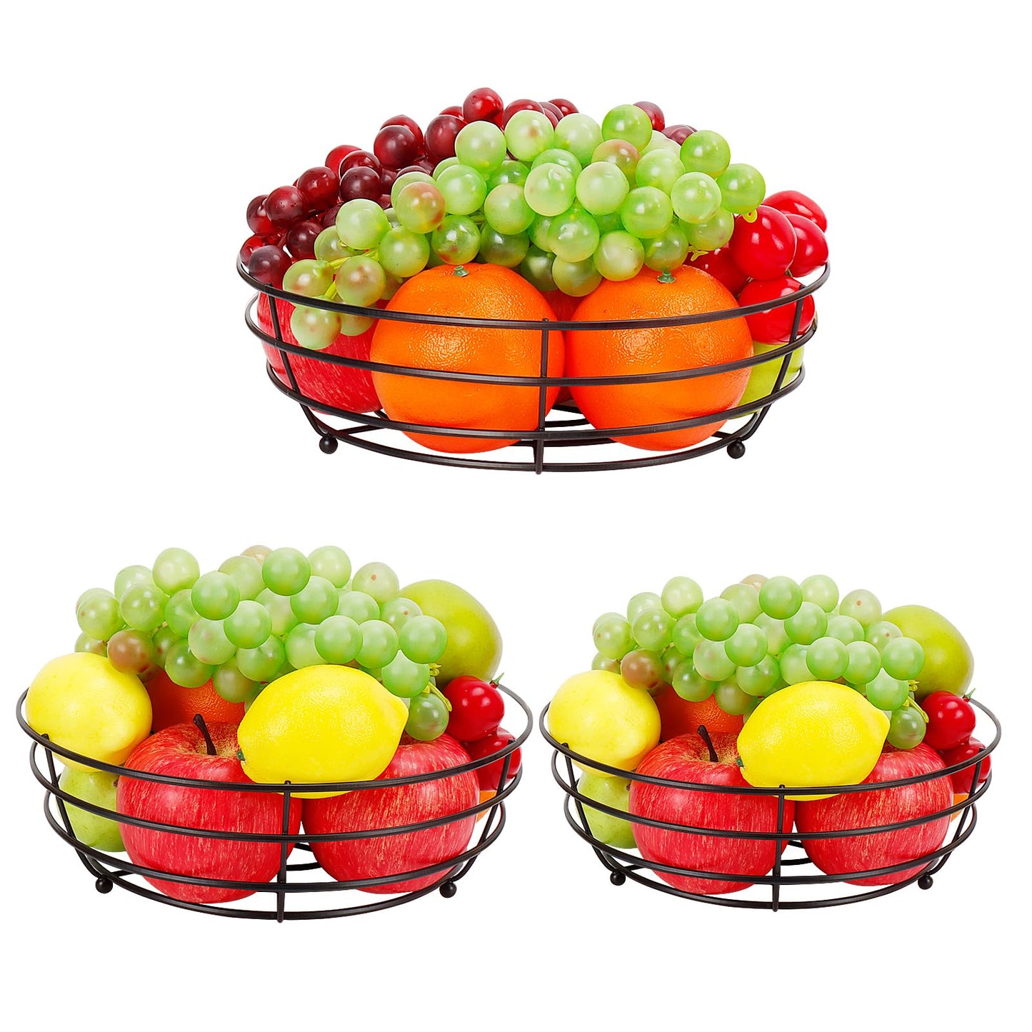 Livabber Wire Fruit Bowl, Metal Fruit Basket For Kitchen Counter, Large Capacity Storage Holder Tabletop Organizer For Vegetables Breads Snacks (Black, 3 Pack)