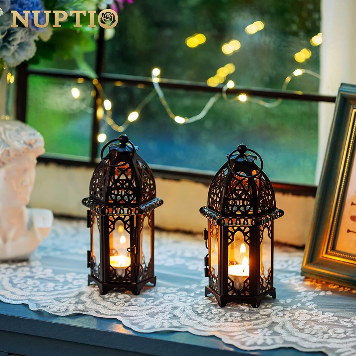 NUPTIO Moroccan Style Candle Lantern - Small Tealight Holder with Transparent Glass Panels | 2 Pcs, Black