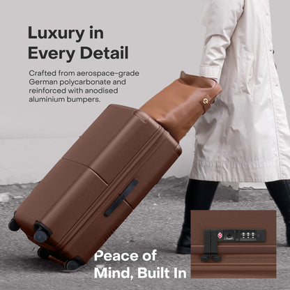 July Checked Plus Expandable - 28.75" Airline Approved Check In Luggage with Wheels, Rolling Suitcase for Men & Women - TSA Lock, Silent Spinner Wheels, Expansion Zip, Y-Strap - Dark Brown
