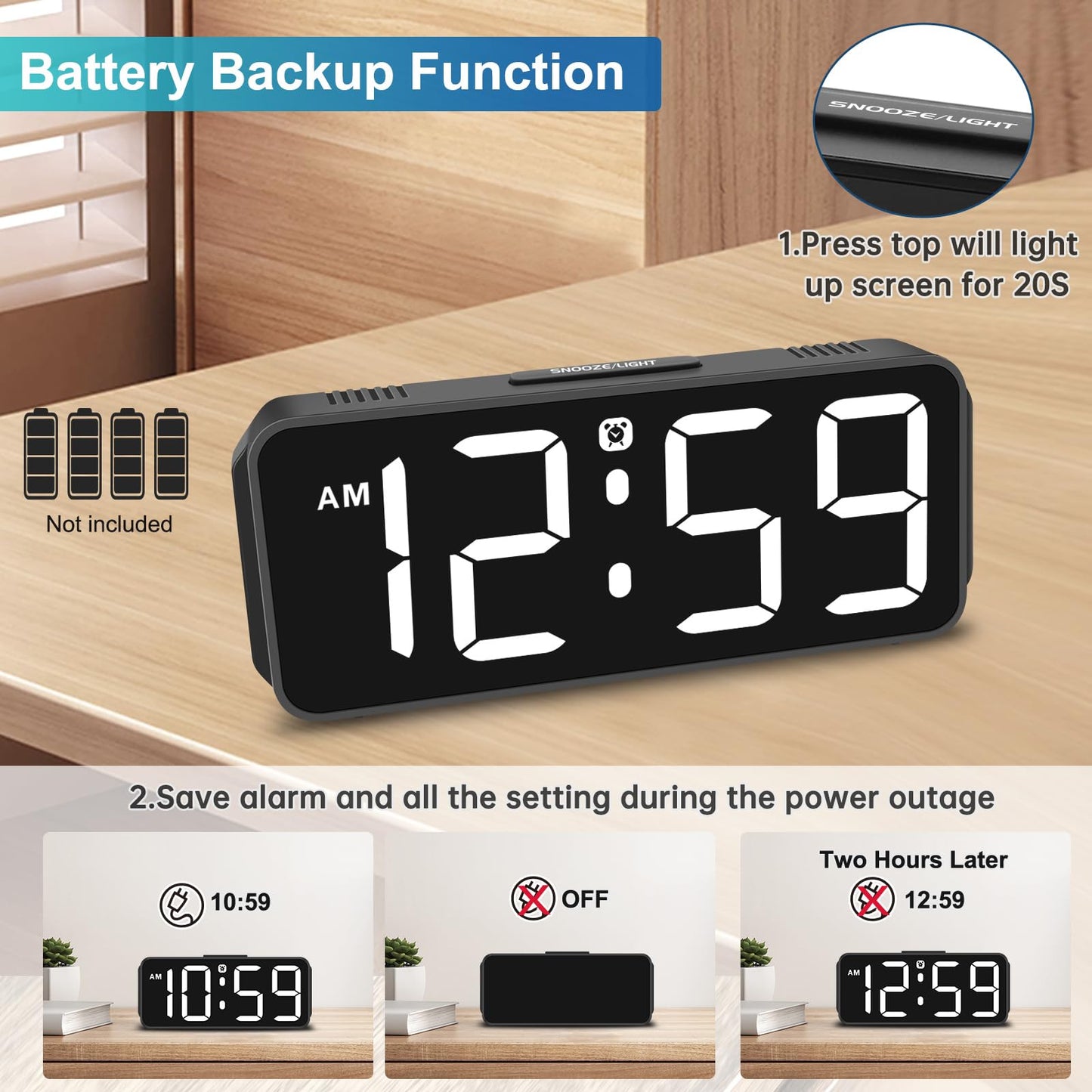 Peakeep Small Digital Alarm Clock Plug in for Bedrooms Bedside, Tiny Electric Clock Large Big Numbers Display Battery Backup for Desk Table, 6 Dimmers, 5 Adjustable Alarm Volume (White)