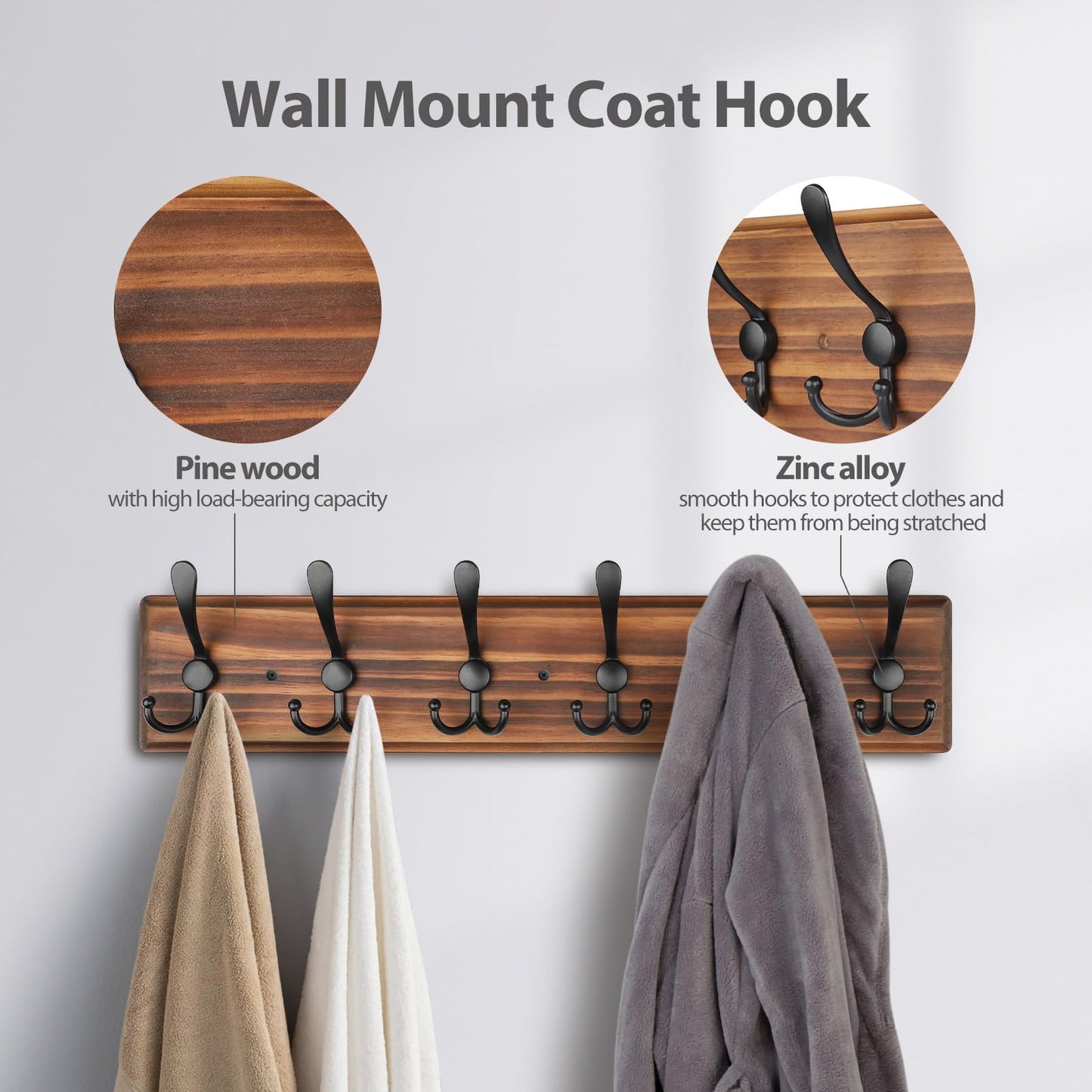 PHINGEER Coat Rack Wall Mount, Wooden Heavy Duty Coat Rack for Wall,6 Triple Coat Hanger Hooks for Hanging Coats,Jacket,Hat,Clothes (Brown, 6 Hooks)