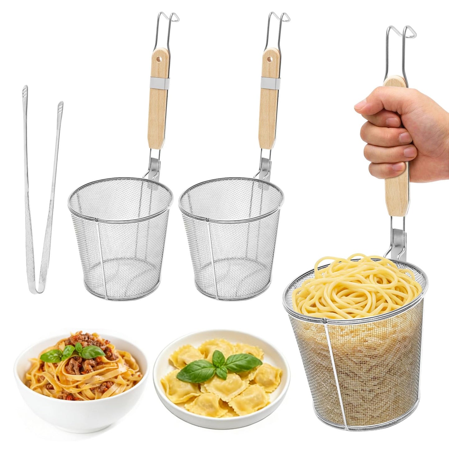 Pasta Strainer 2 Pcs - Noodle Strainer with Wooden Handle, 10.8in Cooking tweezers, Pasta Basket Boiling Food Pasta Gnocchi Ravioli