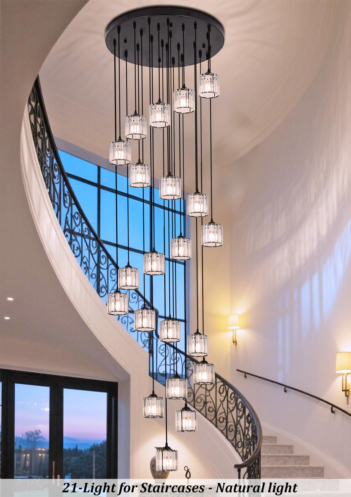 Meimond Long Chandeliers for High Ceilings,Modern Crystal Pendant Light,Raindrop Drop Lamp,Hanging Flush Mount Lighting Fixtures for Spiral Staircase,Foyer,Entryway,Living Room,Black (21 Lights)