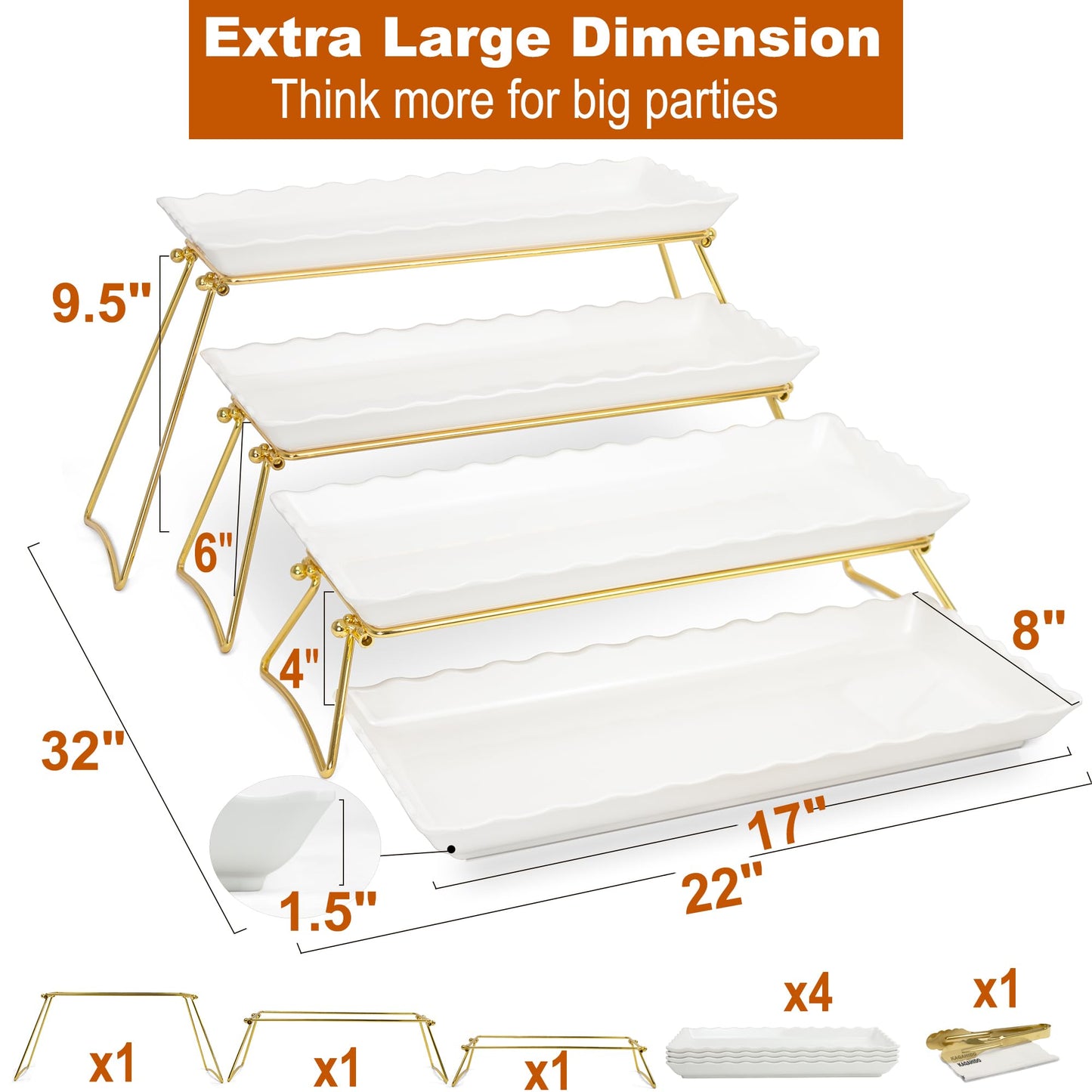KAQAHIDO Extra Large 4 Tier Serving Tray Set, 34x22x10 inch Wave Edge Melamine Dessert Table Display Set, Tiered Trays Stand for Party Buffet Entertaining, Gold and White