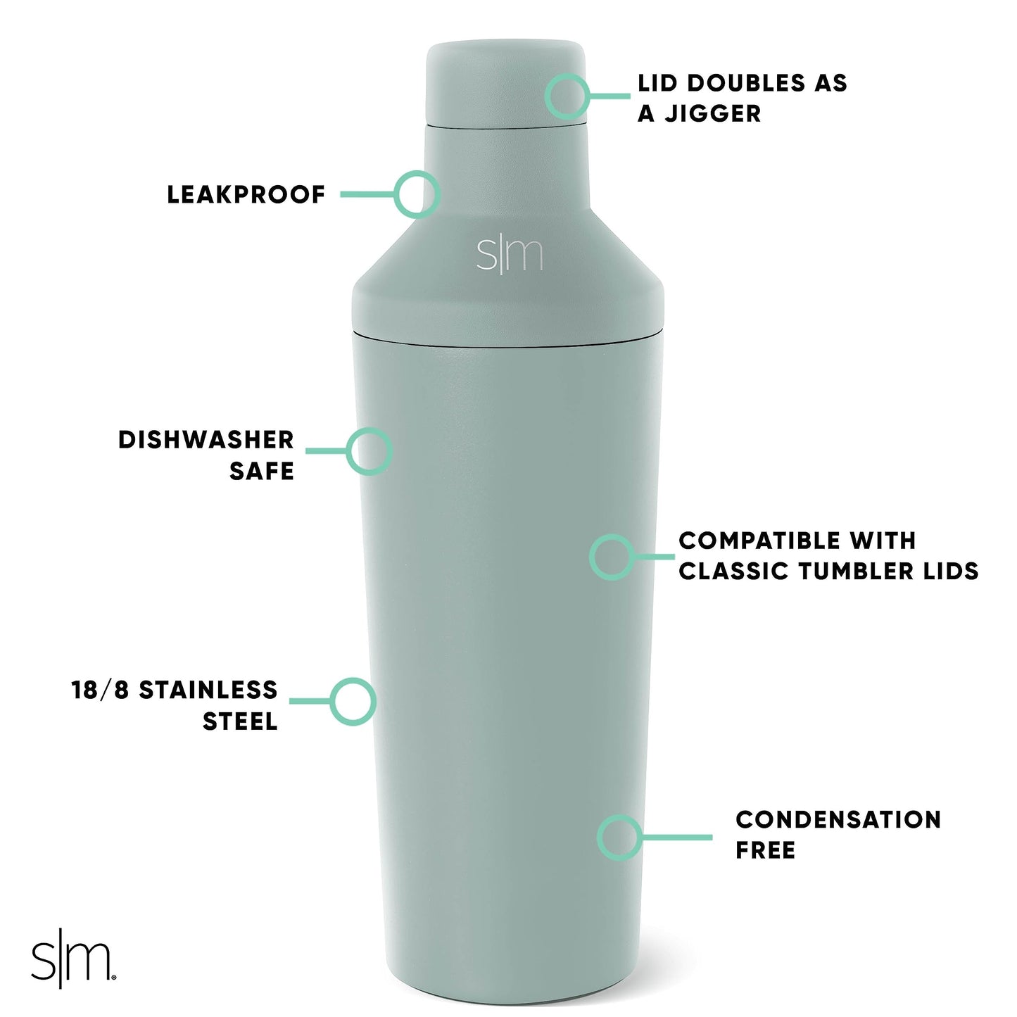 Simple Modern Cocktail Shaker Set with Jigger Lid | Stainless Steel Boston Shaker Insulated Martini Mixer for Mocktails | Gifts for Men Women Him Her | Classic Collection | 20oz | Sea Glass Sage