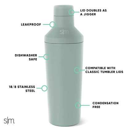 Simple Modern Cocktail Shaker Set with Jigger Lid | Stainless Steel Boston Shaker Insulated Martini Mixer for Mocktails | Gifts for Men Women Him Her | Classic Collection | 20oz | Sea Glass Sage