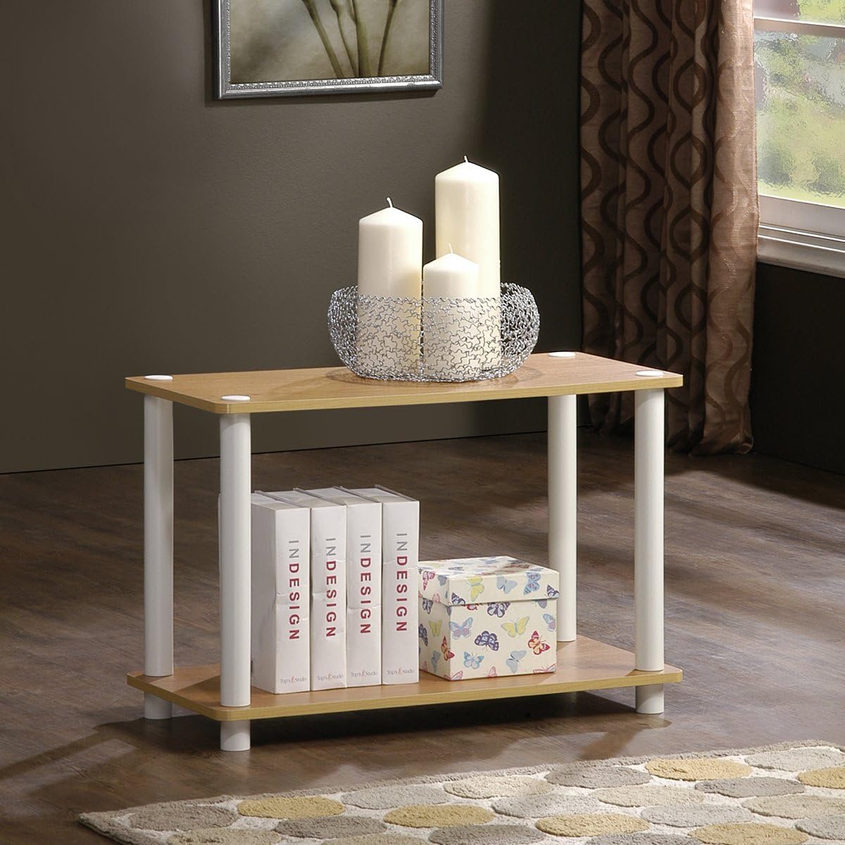 2-Tier Furinno Turn-N No Tools Tube Shelf/End Table, Single, Beech/White
