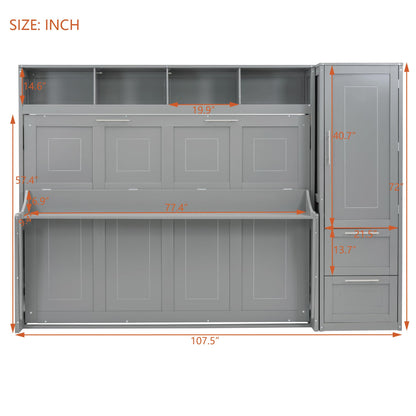 Ball & Cast Murphy Bed Full Size with Five-Layer Cabinet,Solid Wood Storage Hidden Wall Bedframe,W/Folding Designed,Space-Saving,for Home Office,Study,Guest Room,Gray