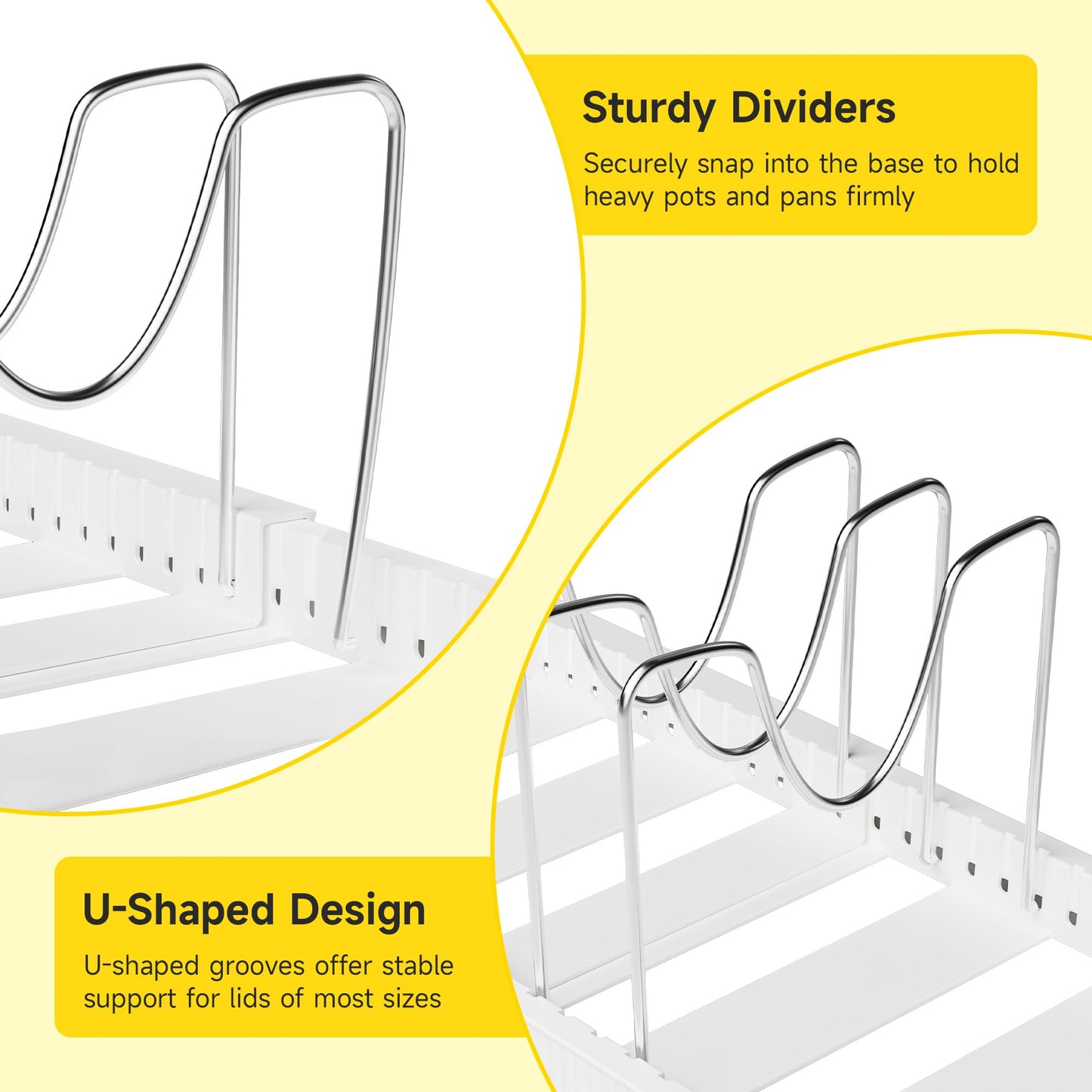 Mudeela Pot Lid Organizer Rack for Cabinet, Expandable Pots and Pans Organizer under Cabinet with 10 Adjustable Dividers, Pan Organizers Holder inside Cabinet for Plates, Cutting Boards, Baking Sheets