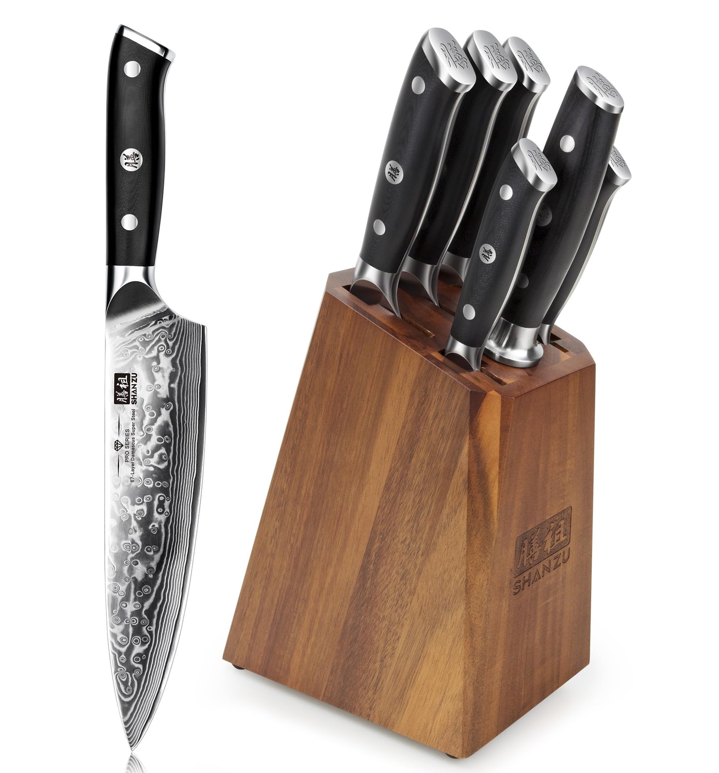 SHAN ZU Damascus Kitchen Knife Set, 7-Piece Professional Knife Sets for Chefs, Japanese Super Steel Damascus Kitchen Knife Set With G10 Handle Knife Block Set