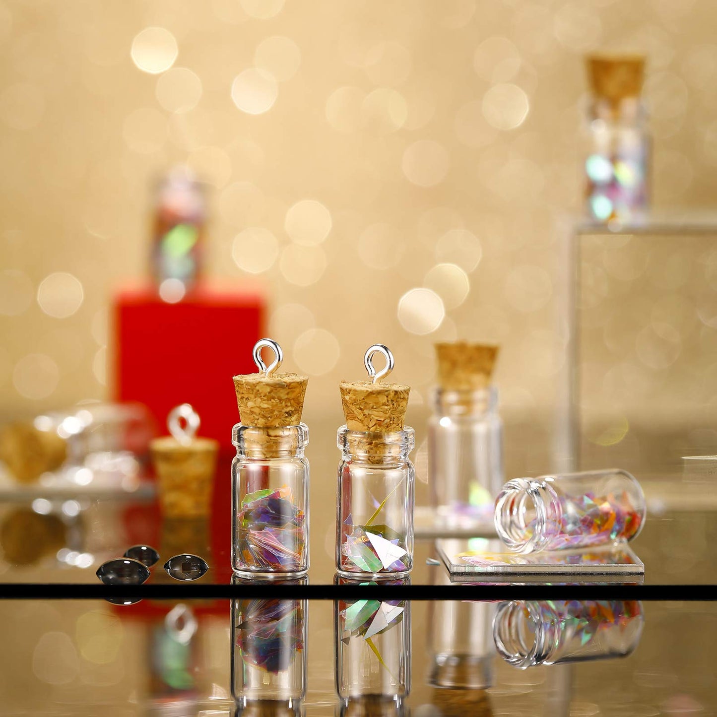 Yungyan 50 Pieces Small Mini Glass Bottles Jars with Cork Stoppers Set, Tiny Cork Glass Bottles with Eye Screws and Small Funnel for Decoration, Art Crafts, DIY Projects, Party Favors(5ml)