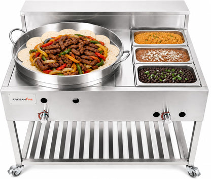 Stainless Steel Concave Discada Grill Stove with 3 Pan Steam Table-Large Comal Taco Cart-with Hose + Regulator-Ideal for Commercial and Home Use