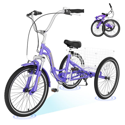 H&ZT Adult Tricycle, 3 Wheeled Bike, Trike Cruiser Bike, with 7-Speed Gear, Parking Brake Handle, Low Step, Large Rear Basket, Elderly Friendly, for Men, Women, and Teens