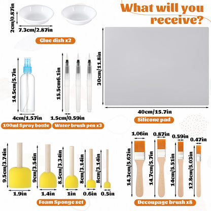20 Pack Essential Decoupage Tool, Includes 1 Silicone Table Mat, 5 Foam Brushes, 8 Decoupage Brushes, 3 Water Pens, 2 Glue Container Bowl, and 1 Spray Bottle, for Cut-Out Painting, Sticker Pasting