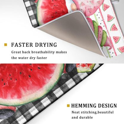 Summer Gnomes Dish Drying Mat 18x24 Inch, Watermelon Fruit Buffalo Plaid Absorbent Kitchen Dry Mats for Sink