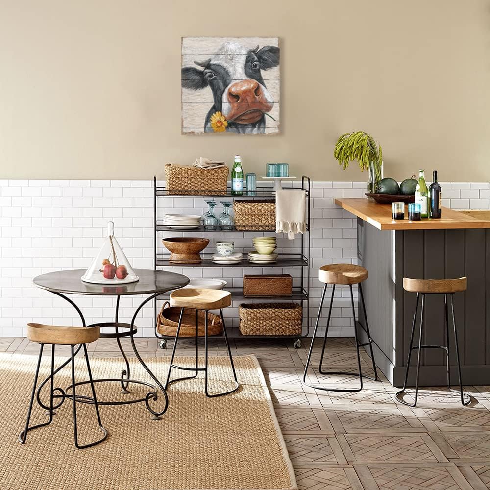 24"x24" Rustic Cow Pictures Wall Decor: Farmhouse Cow Canvas Wall Art Farm Animal Cow with Sunflower on Wood Panel