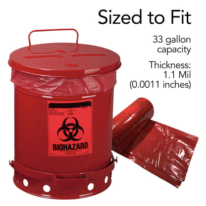 RESILIA Biohazard Bags - Hazardous Waste Disposal, Meets DOT ASTM Standards for Hospital Use, OSHA Approved, Red, 33 Gallon, 29" W x 43" L, 1.1 Mil, 0.0011 Inch, 20 Bags, Made in the USA