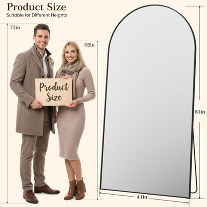 Homsion 81"x41" Arched Full Length Mirror with Stand, Free Standing Leaning Wall Mounted Aluminum Alloy Frame Mirror for Bedroom Living Room Cloakroom, Black