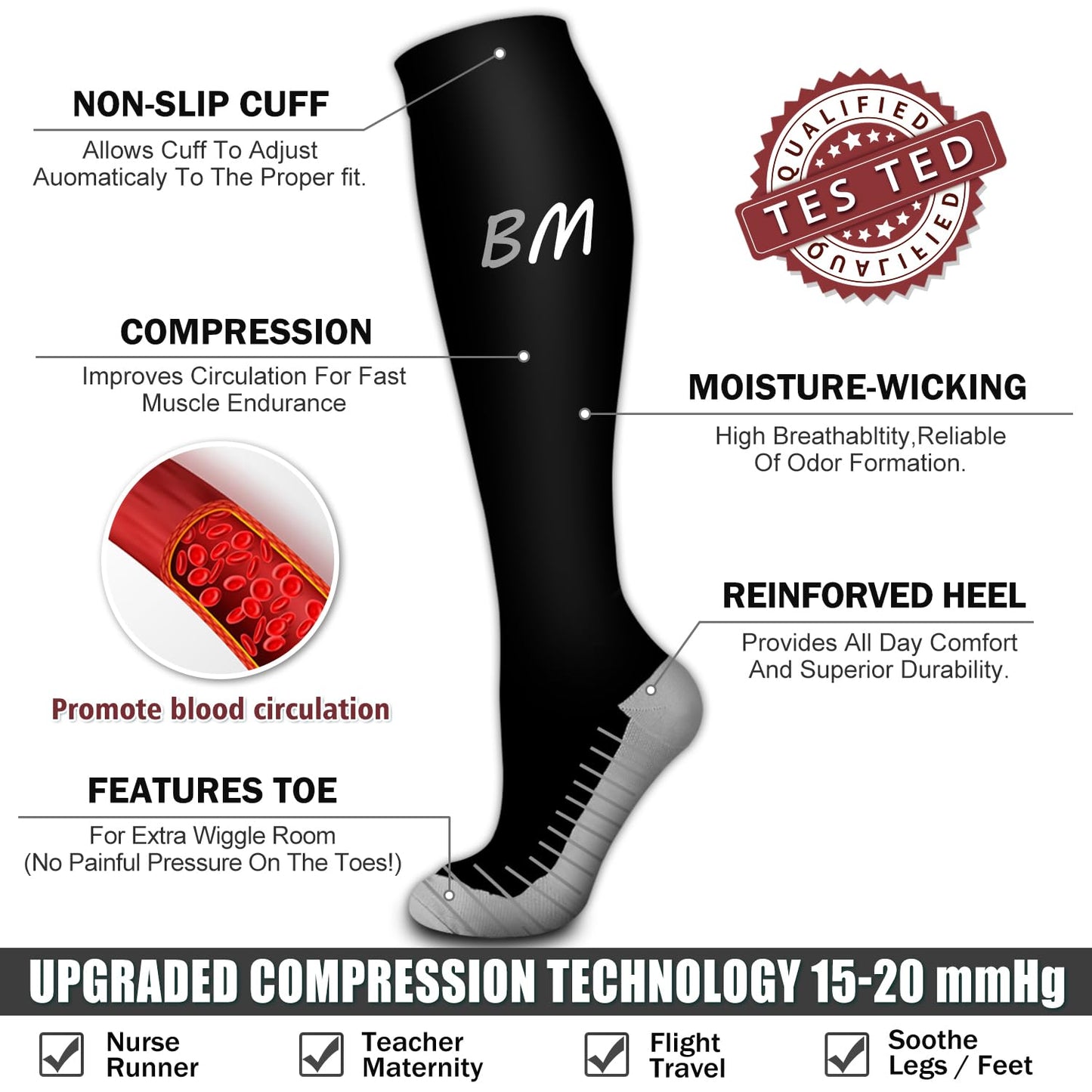 Bluemaple 6 Pack Copper Compression Socks for Women and Men Circulation-Best Support for Medical, Running,Nursing,Athletic