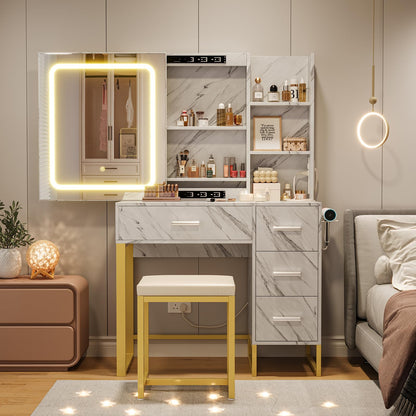 57'' Large Vanity Desk with Mirror & Lights, Makeup Vanity Table with Charging Station,