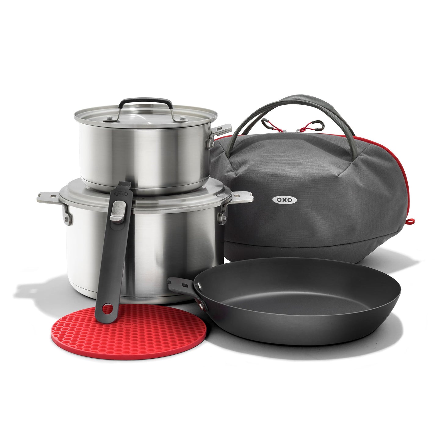 OXO Outdoor 8 Piece Camping Cookware Set, 10" Pre-Seasoned Carbon Steel Frying Pan Skillet, 2.25QT and 5QT Stainless Steel Saucepans with Lids, Removeable Handle, Trivet, Travel Bag, Space-Saving