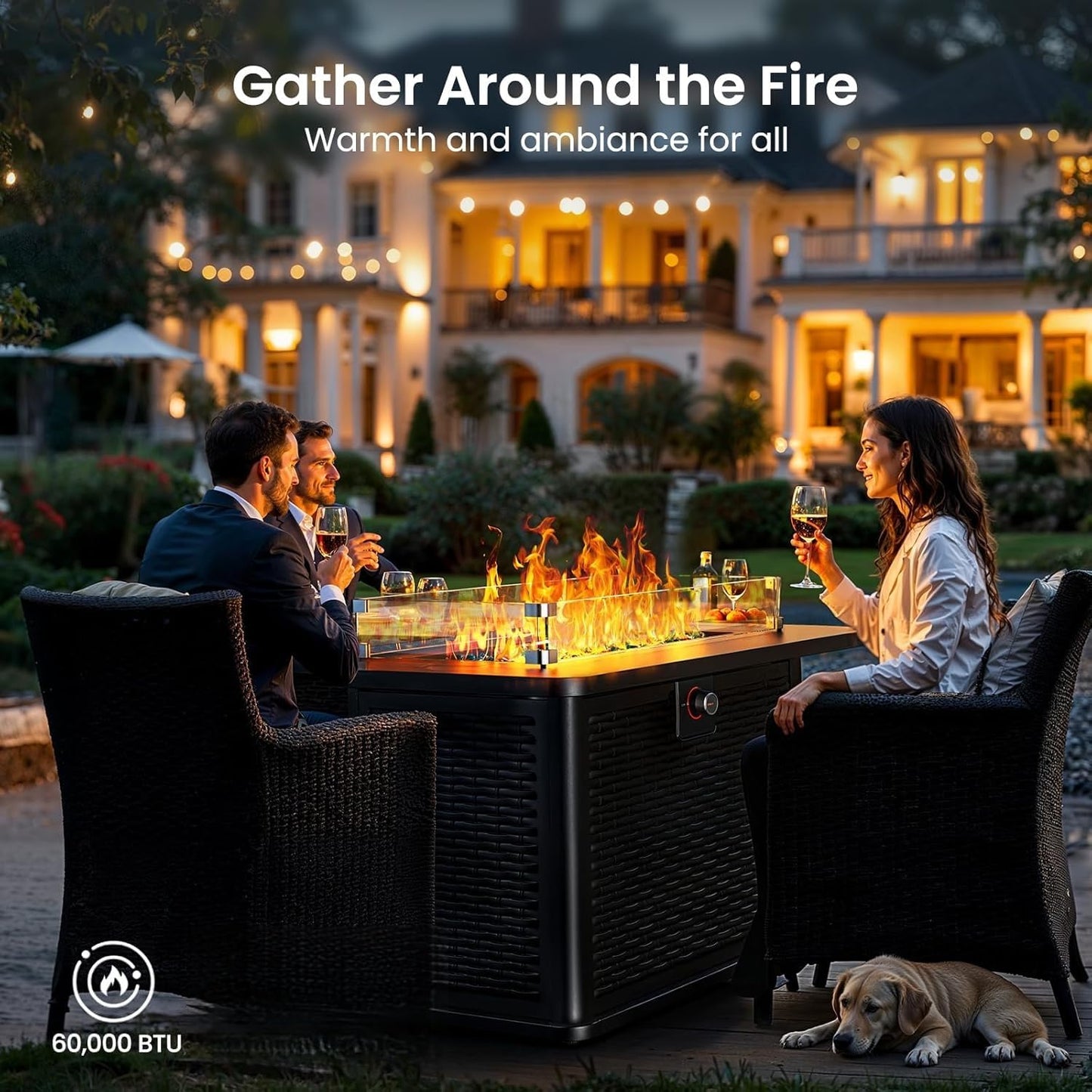 Ciays 43-Inch Rectangular Propane Fire Pit with 60,000 BTU Output, Fire Pit Table Premium Gas for Outside Patio with 304 Stainless Steel H-Burner, Glass Stones, and Wind Guard,Black