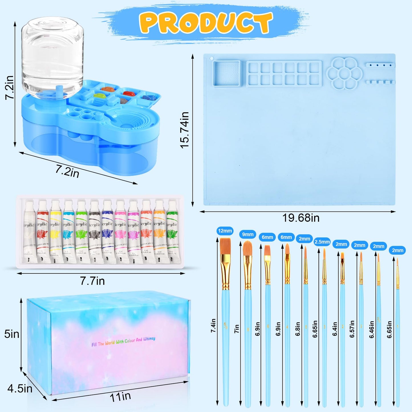 Art Painting Kits, Paint Station, Including Upgraded Paint Brush Cleaner, 20"X16" Silicone Painting Mat, 12 Colors Acrylic Paint Set and 10 Paint Brushes, Painting Supplies Kits(Blue)