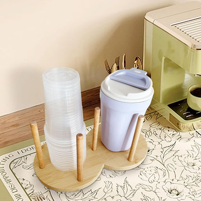 Round Wooden 2 Compartment Coffee Table Organizer, Cup Dispenser Countertop, Lid Organizer for Restaurant Storage
