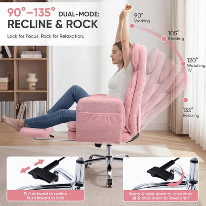EGSEAT Big and Tall Office Chair with Flip Armrests, Cross Legged Office Chair with Storage Pockets, Comfortable Reclining Computer Chair with Foot Rest, Wide Home Desk Chair, Teddy Fleece, Pink