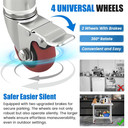 KUARBARR Stainless Steel Table for Prep & Work with 4 Caster Wheels with Adjustable Undershelf 24 x 30 NSF Metal Commercial Kitchen Worktable for Restaurant Home Outdoor