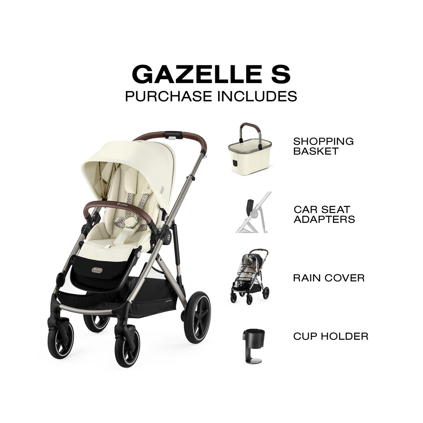 Cybex Gazelle S Stroller Modular Double for Infant and Toddler Includes Detachable Shopping Basket Over 20+ Configurations Folds Flat Easy Storage, Seashell Beige, 1.0 Count, 28.4 pounds