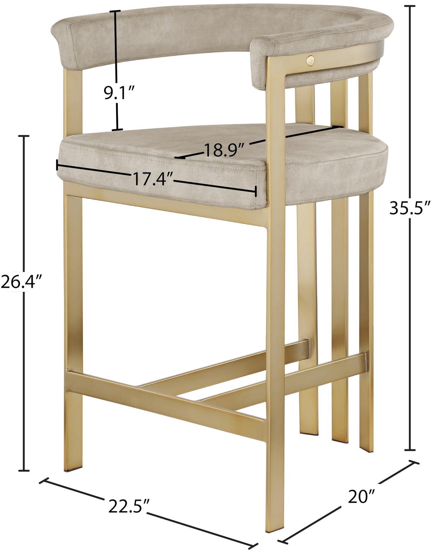 Meridian Furniture 596Stone-C Marcello Collection Modern | Contemporary Velvet Upholstered Counter Height Stool with Brushed Brass Iron Frame, 22.5" W x 20" D x 35.5" H, Stone, Set of 2