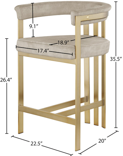 Meridian Furniture 596Stone-C Marcello Collection Modern | Contemporary Velvet Upholstered Counter Height Stool with Brushed Brass Iron Frame, 22.5" W x 20" D x 35.5" H, Stone, Set of 2
