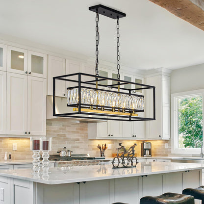 Vezzio Modern Crystal Chandelier for Dining Room 6-Light Luxury Black and Gold Rectangle Contemporary Hanging Adjustable Pendant Light Fixture Over Table for Kitchen Island, L35 Inch