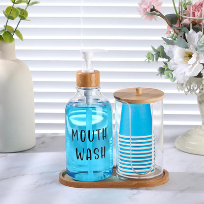 1 Set 17 Oz Mouthwash Dispenser for Bathroom Refillable Mouth Wash Pump Bottle Paper Cup Holder with Bamboo Lid