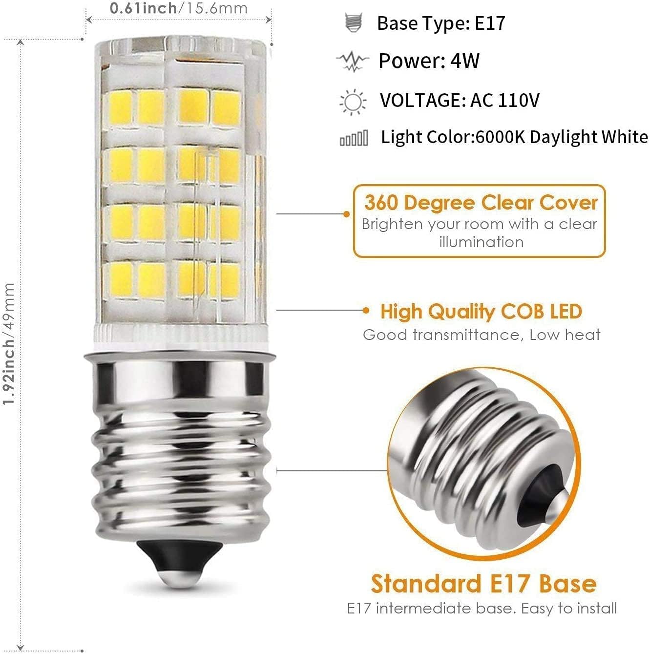 E17 LED Bulb for Microwave Oven, Kitchen Appliance Light, 4 Watt (40W Halogen Equivalent), Daylight White 6000K,