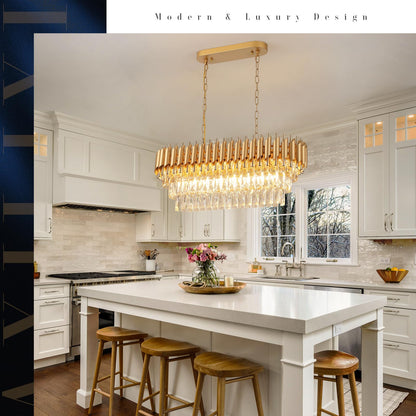 A AXILIXI Modern Rectangular Chandelier Gold Crystal Chandeliers for Dining Room 8-Light Linear Ceiling Pendant Light Long 32” Luxury Oval Chandelier for Kitchen Island Living Room