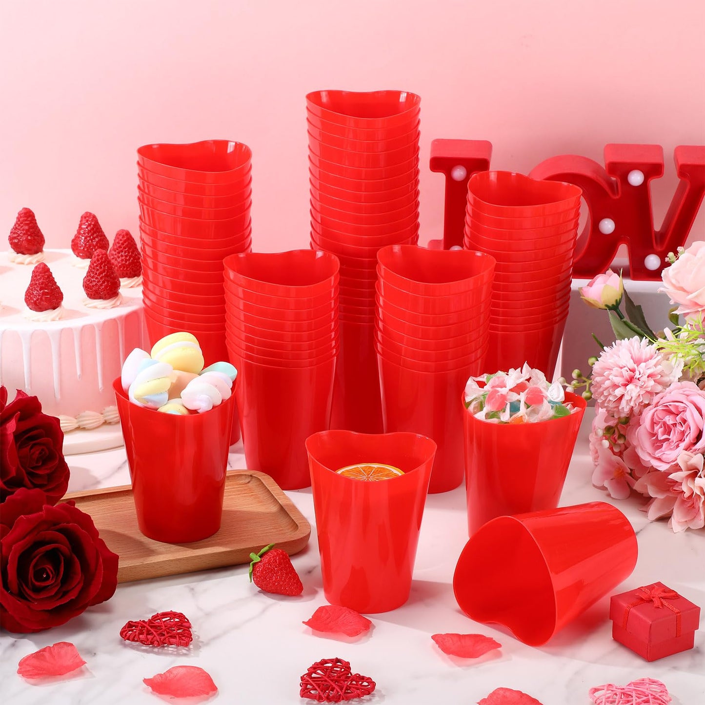 Qinyoung 100 Pcs Valentines Heart Shaped Plastic Cups Bulk 12 oz Plastic Heart Wine Cups Reusable Pink Red Galentines Party Cup for Wedding Birthday Drinking Beverage Party Supplies(Red)