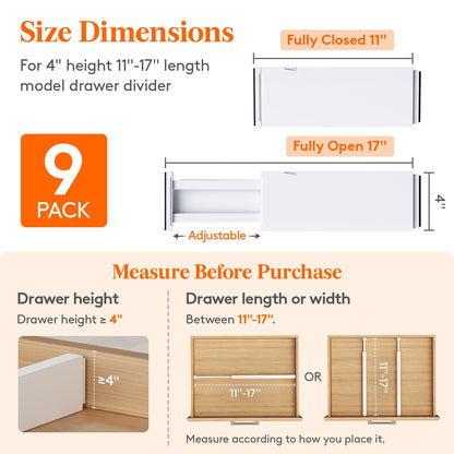 Lifewit 9 Pack Drawer Dividers 4" High, 11-17" Adjustable Drawer Organizers for Clothes, Expandable Dresser Separators in Bedroom/Bathroom/Kitchen/Fridge/Office Organization and Storage, White