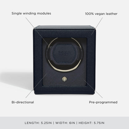 Wolf Cub Single Watch Winder with Glass Cover, Navy - Secure Fit with Patented Lock-in Dynamic Cuff - Accommodates All Wrist Sizes - Vegan Leather - Includes Universal Adapter