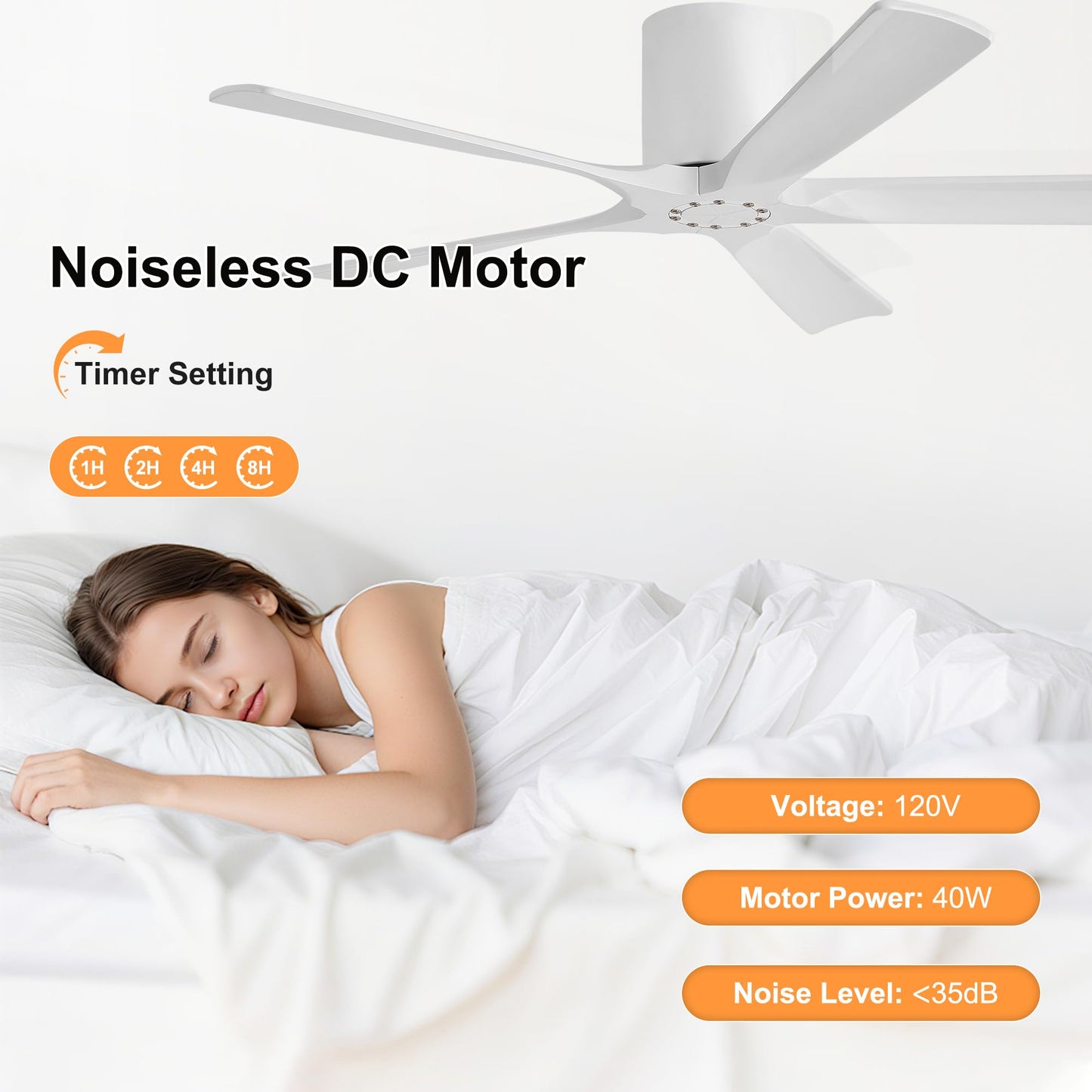 LEDLUX 52 Inch Flush Mount Ceiling Fan No Light - 5 Solid Wood Blades, 6-Speed Reversible DC Motor, Noiseless Low Profile Ceiling Fan without Light for Bedroom Living Room, White