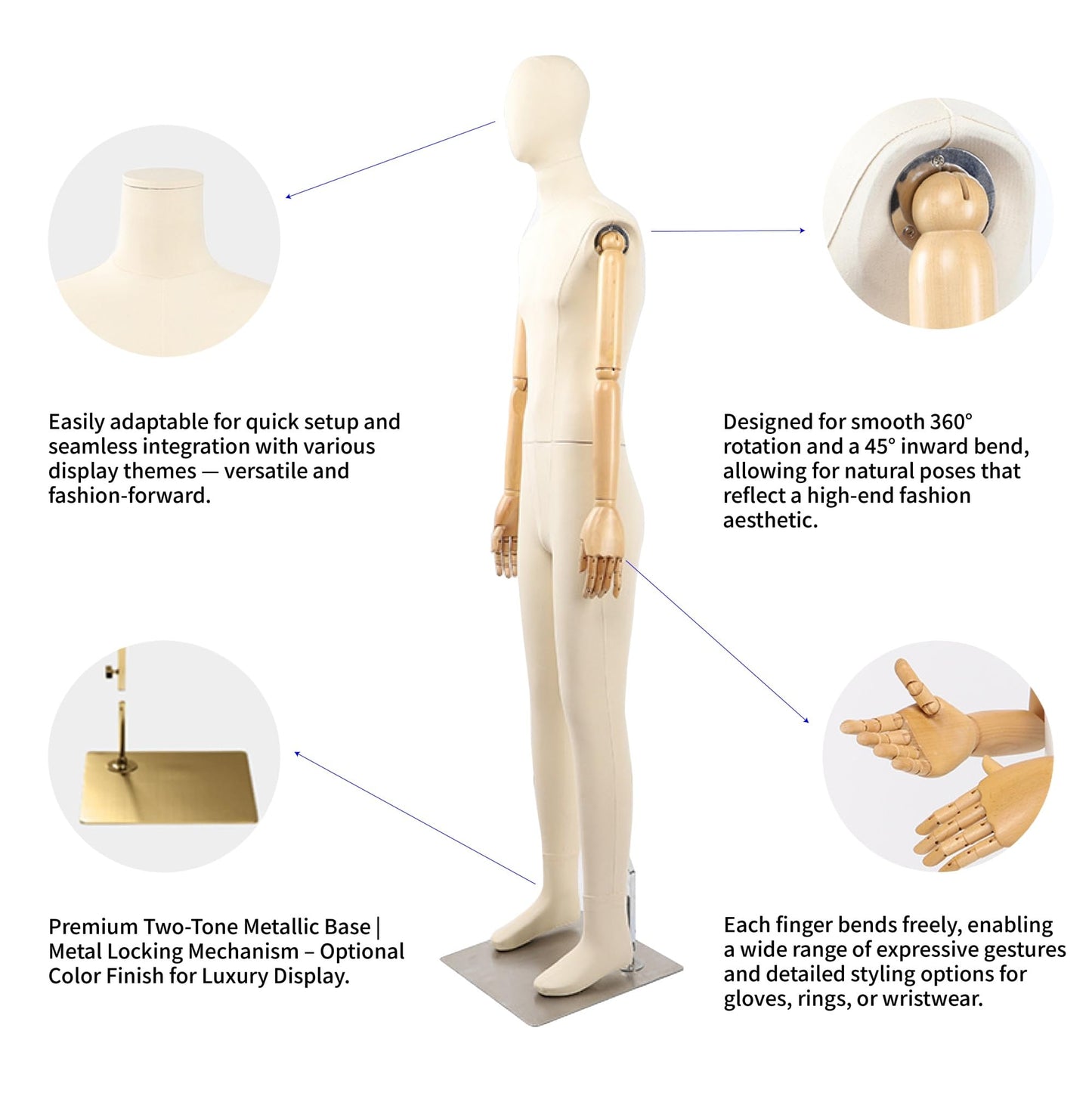 Full Body Male Mannequin with Articulated Wood Arms, Premium Linen Covered Dress Form with Heavy Metal Base, Posable Retail Display Dummy for Boutique Window & Streetwear(Cloth Head)