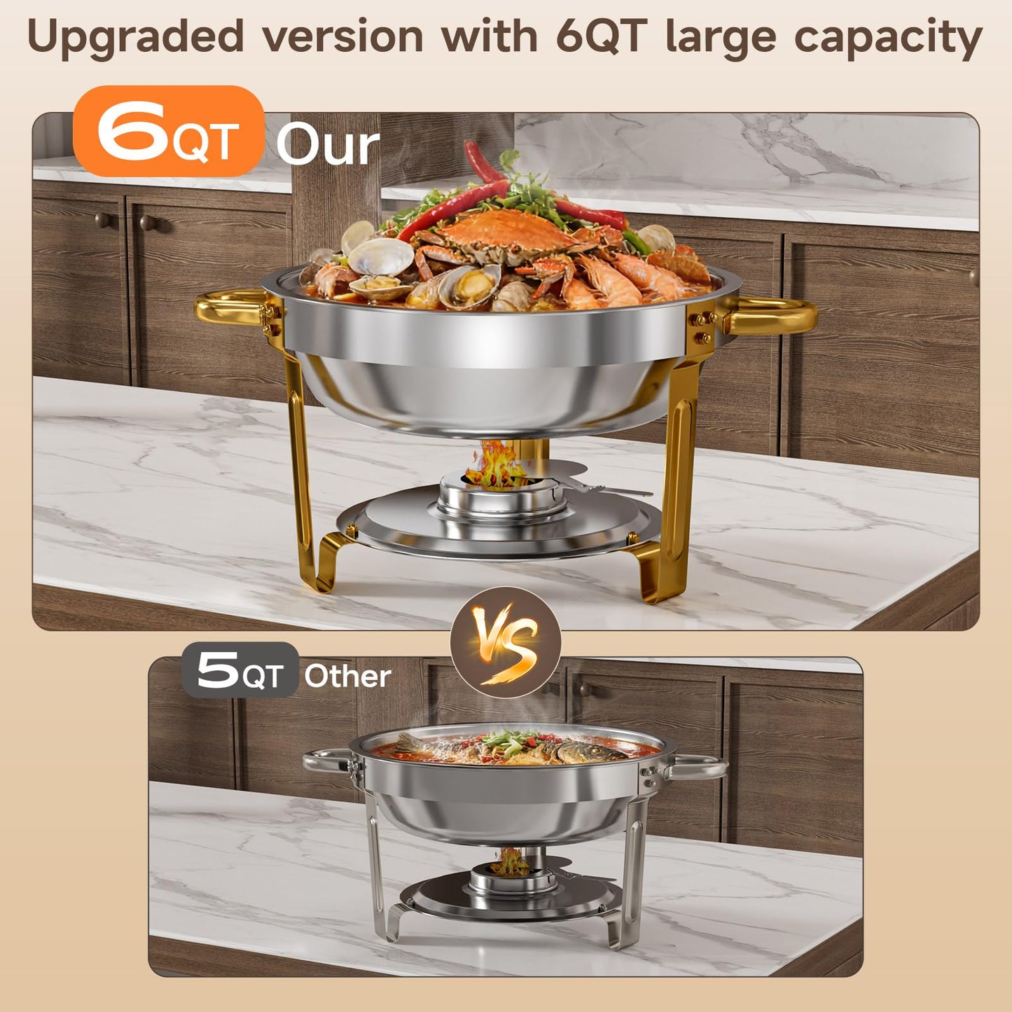 LEDLAY 6QT Stainless Steel Chafing Dishes for Buffet, Round Chafing Dish Buffet Set 4 Pack with Smooth Edge Lid, Food Warmers for Parties Buffet Golden & Silver