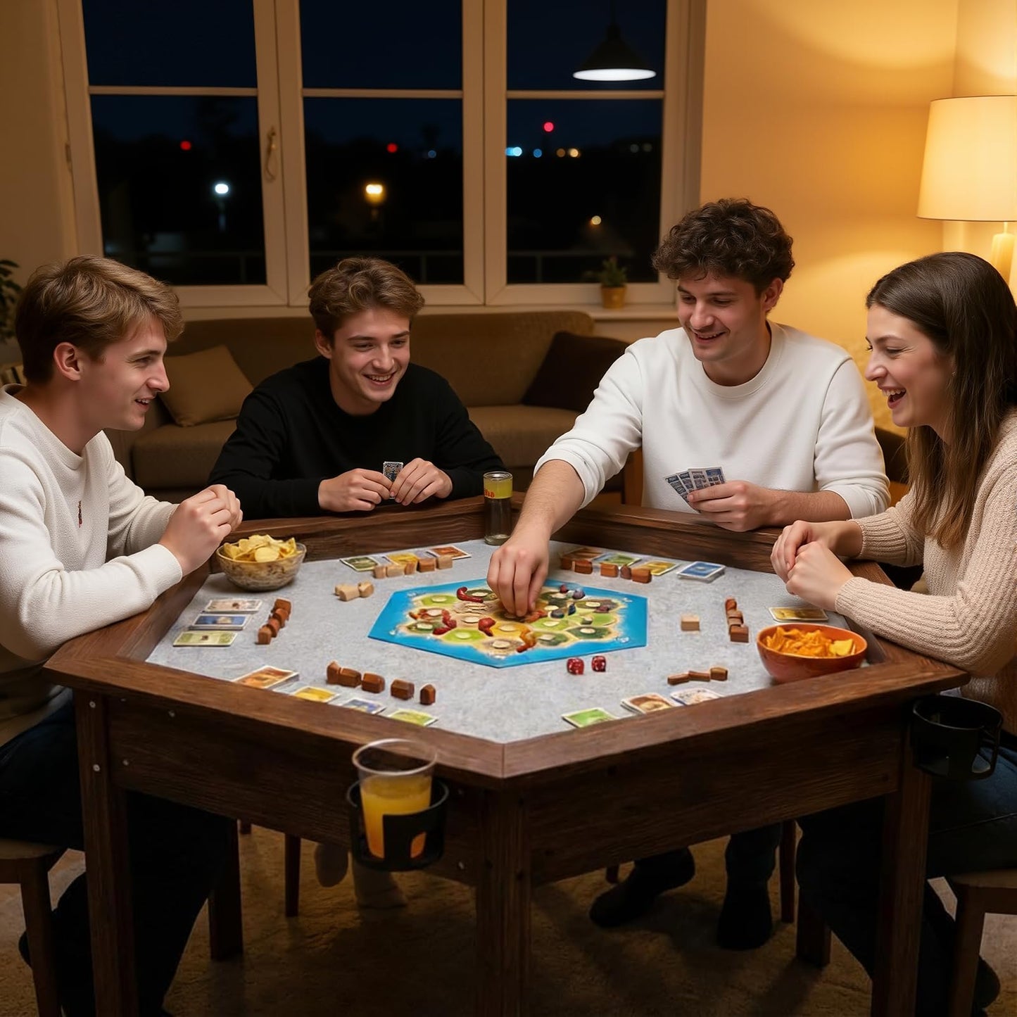 ComeWay Board Game Table with Rotating Cup Holders for 6 Players, Hexagon Gaming and Dining Table with Removable Table Top & Non-Slip Play Mat, Multifunctional Table with for DND/Poker/Card Games