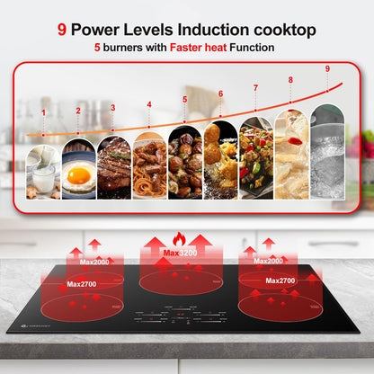 AMZCHEF 30 Inch 10600W Induction Cooktop With 5 BOOST Burners, 9 Levels Electric, Built-in Control by Slide Touchscreen, Child Safety Lock, Independent Timer, No Plug, 240V