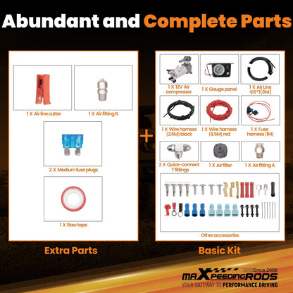 maXpeedingrods On Board Air Compressor System Up to 120 PSI Air Bag Compressor Kit with Analog Gauge Air Line T Fittings Single Path System for Trucks Vans