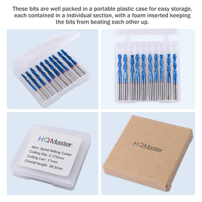 HQMaster CNC Router Bits 1/8" Shank CNC Bit End Mill Flat Nose Carbide Endmill Two Flute Spiral Upcut Milling Cutter Tool Set for Wood PVC MDF Hardwood 10Pcs (1/8"CED x 1/8"SD x 11/16"CEL x 1-1/2"OAL)