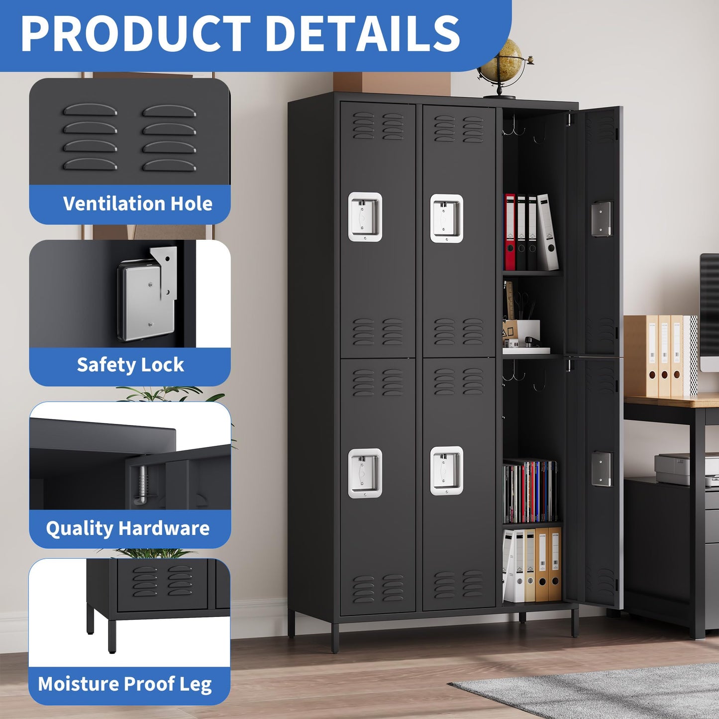 GarveeLife Employee Lockers for Office 3 Doors, Metal Sorage Locker Combination for Employees, Industries Double Tier Metal Locker for Home, School, Gym