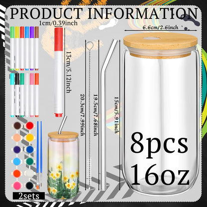Pickmesh 8 Set Glass Painting Kit for Valentines Day Gifts Adult 16 oz Glass Tumbler with Lids and Straws 12 Markers 12 Colors Acrylic Pain with Brushes to Design Your Own Wine Glasses Gifts